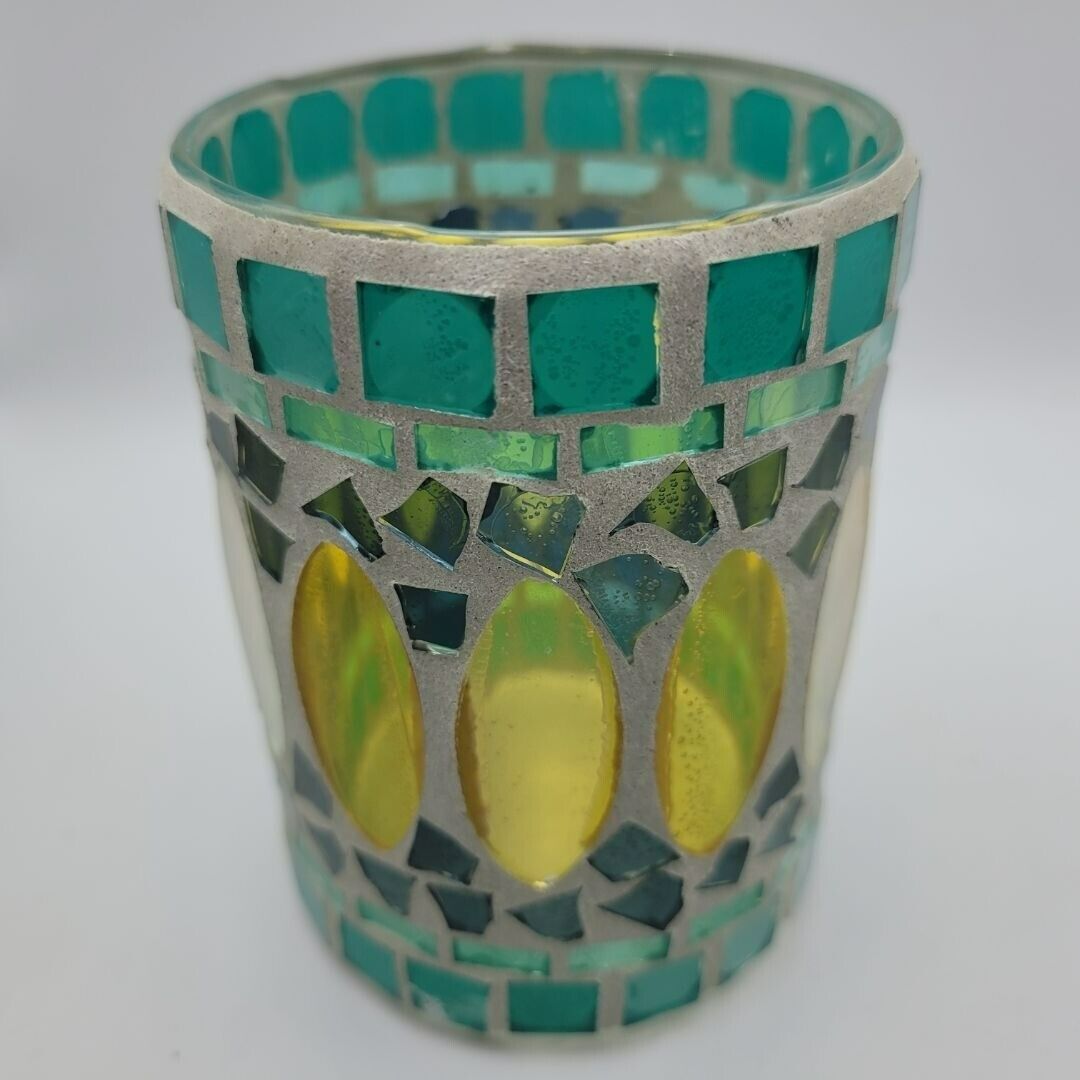 Mosaic Stained Glass Candle Holder Blue Yellow Shine 4 Inch Votive Handmade