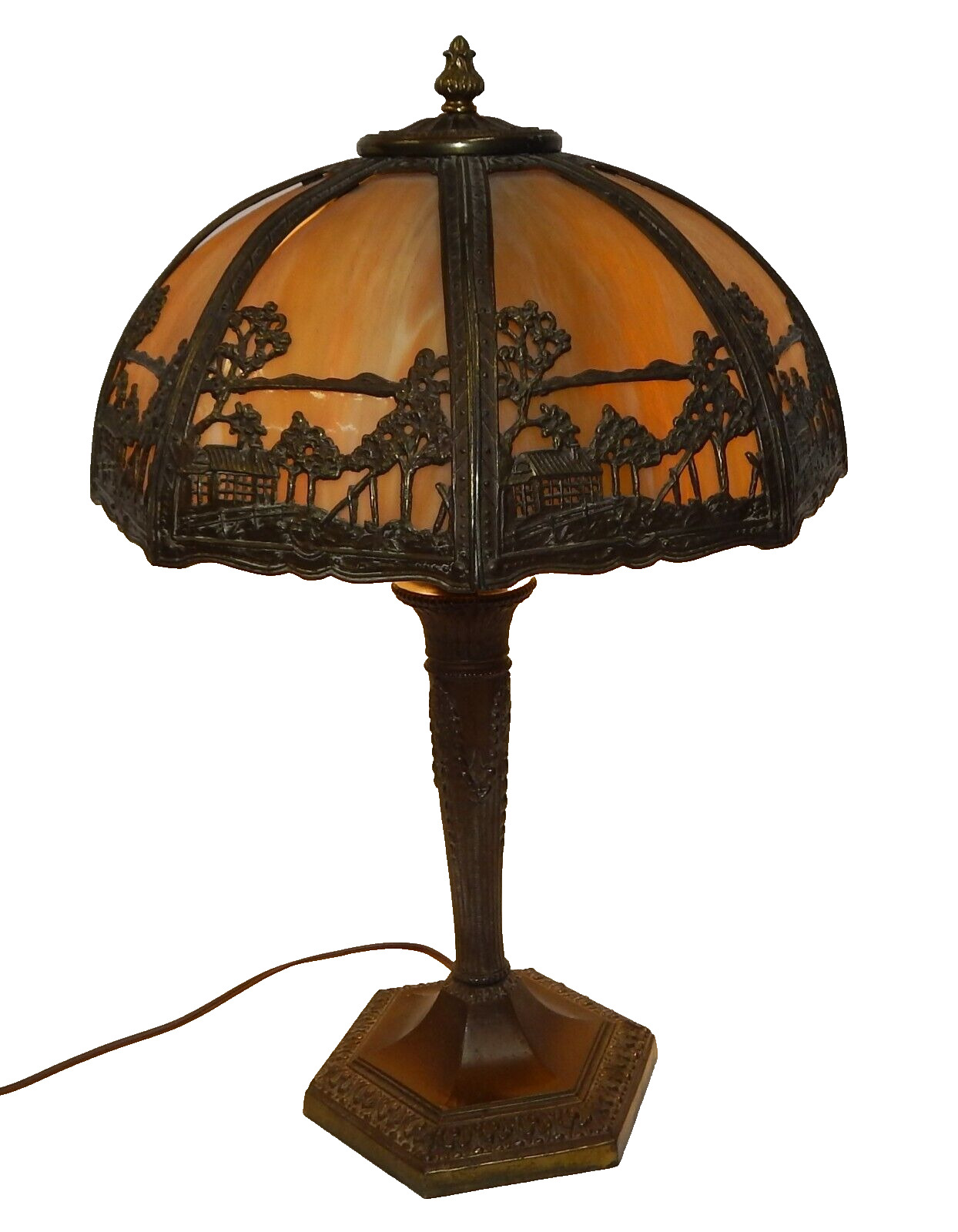Antique Art Nouveau Arts & Crafts Slag Glass Scenic Panel Table Lamp