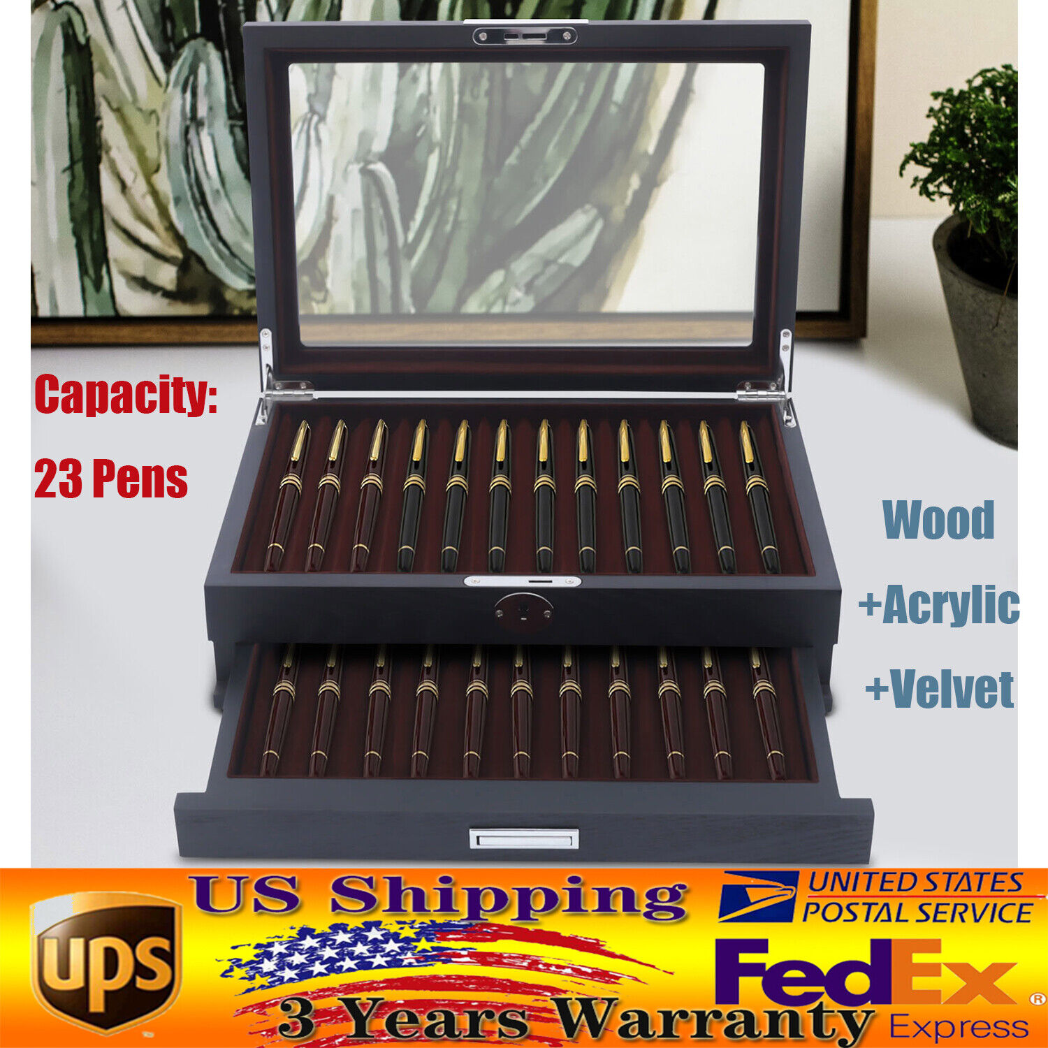23 Slots Pen Display Case Vintage Pens Wooden Storage Organizer Box w/Lock Black