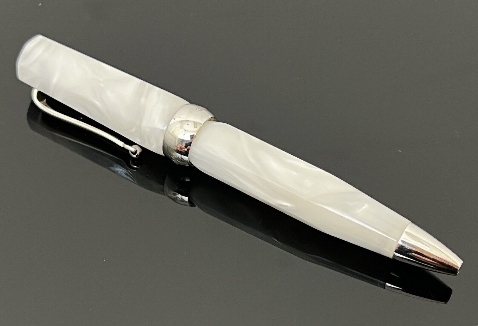 Montegrappa Micra Pearl White Resin Sterling Silver 925 Twisted Ballpoint Pen