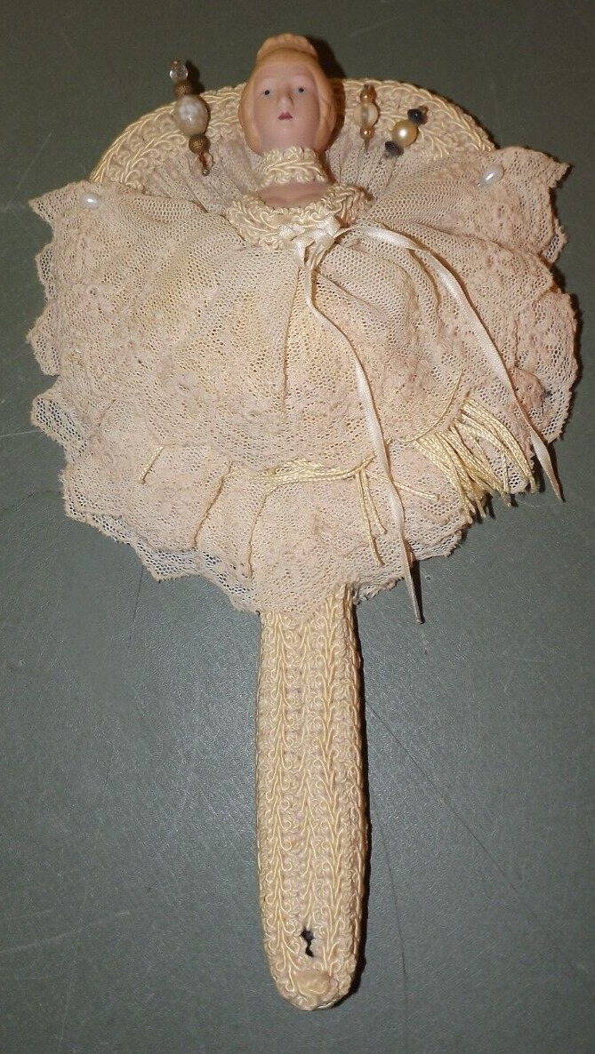 Vintage Victorian Crocheted Bisque Doll Head on Hand Held Mirror - Must see