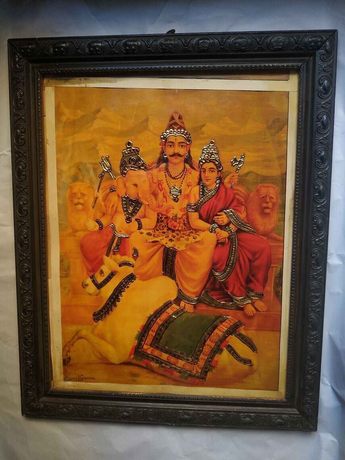 Antique Old Indian Oleograph Print Siva Family Ganesh By Artist Raja Ravi Varma
