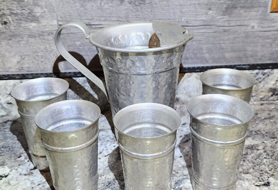Vintage MCM Hammered Aluminum Water Pitcher with Ice Guard 5 cups by Gailstyn