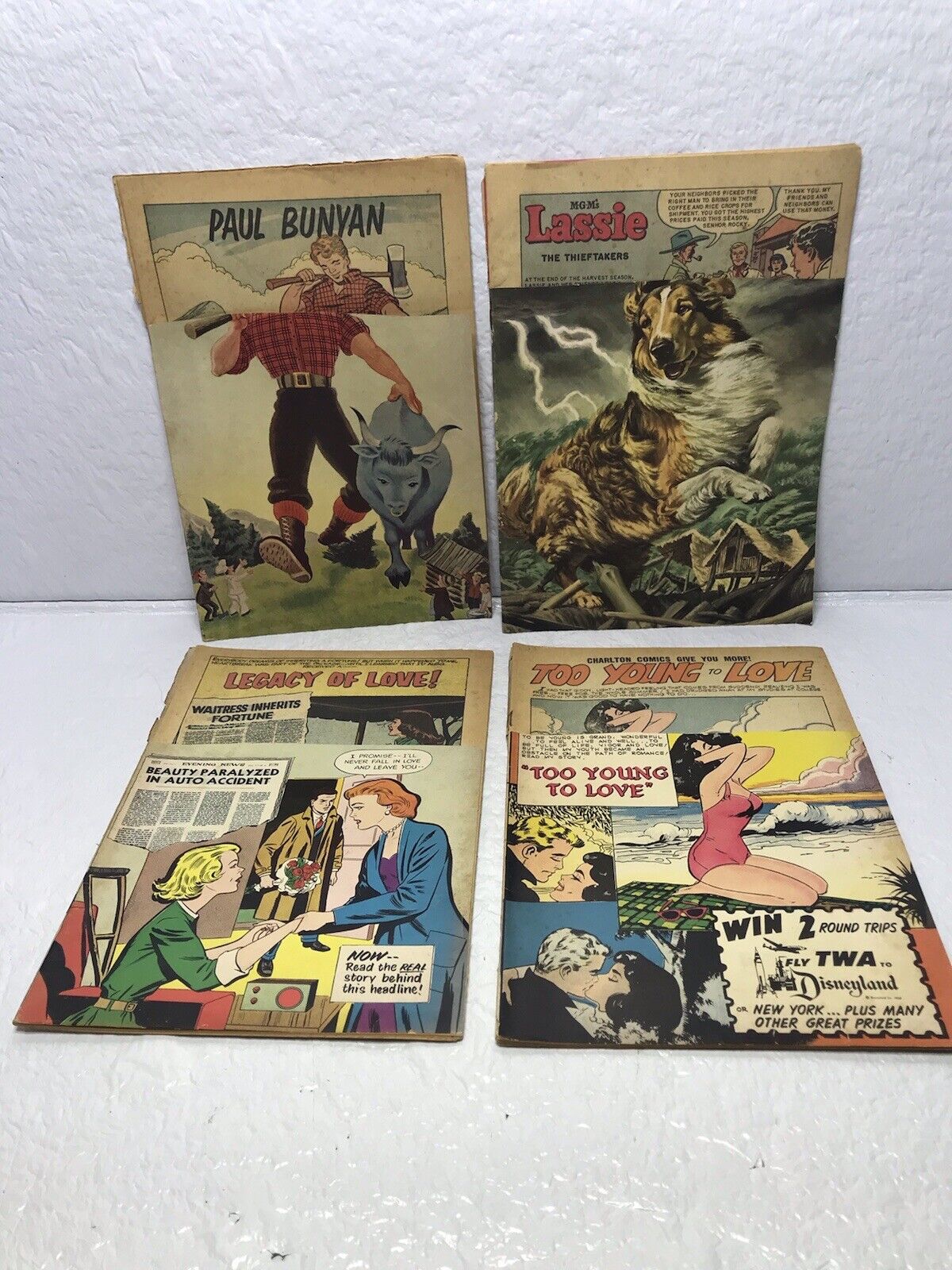 Lot Of Vintage Comics With Damaged Covers Paul Bunyan, Lassie, Teen Age Love …..