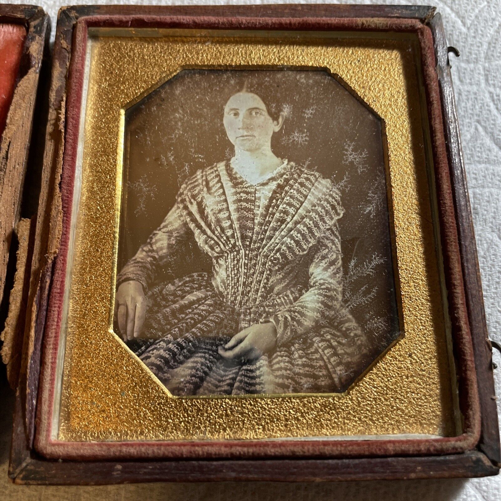 DAGUERREOTYPE LADY, HAND COLORED CHEEKS FULL STRIPPED DRESS WEARING RINGS