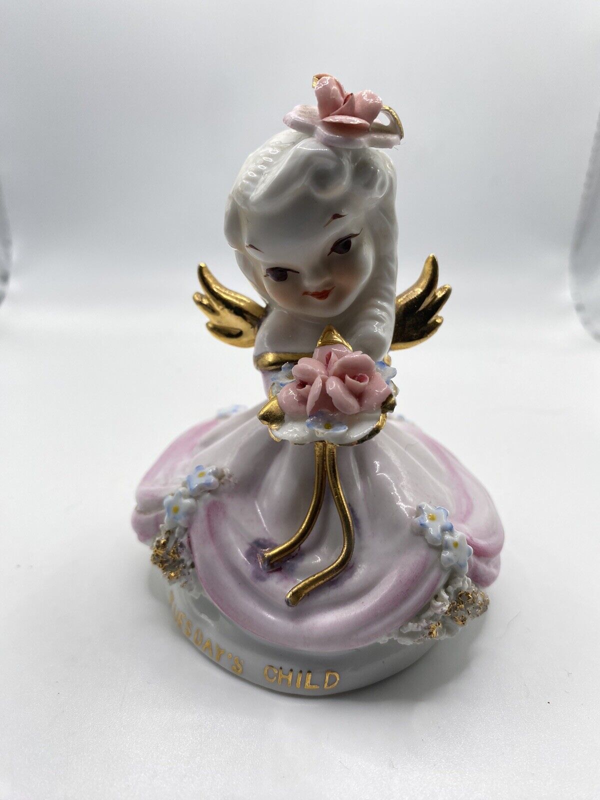 Lefton Angel Figurine Tuesday Child Pink Dress Vintage Days Of The Week FLAW
