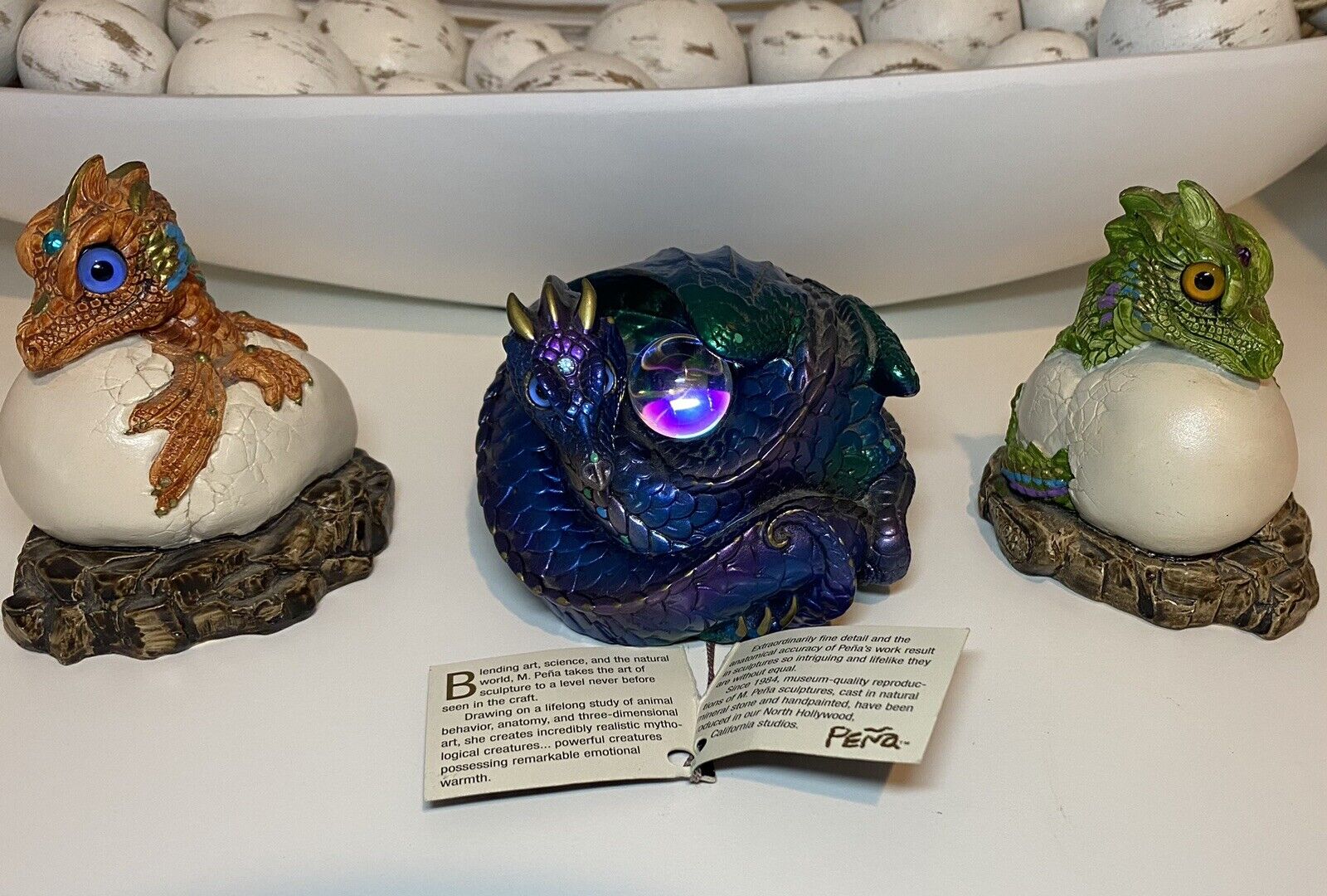 3 VTG Pena Windstone Editions Hatching Baby & Coiled Dragons Sculptured Figures