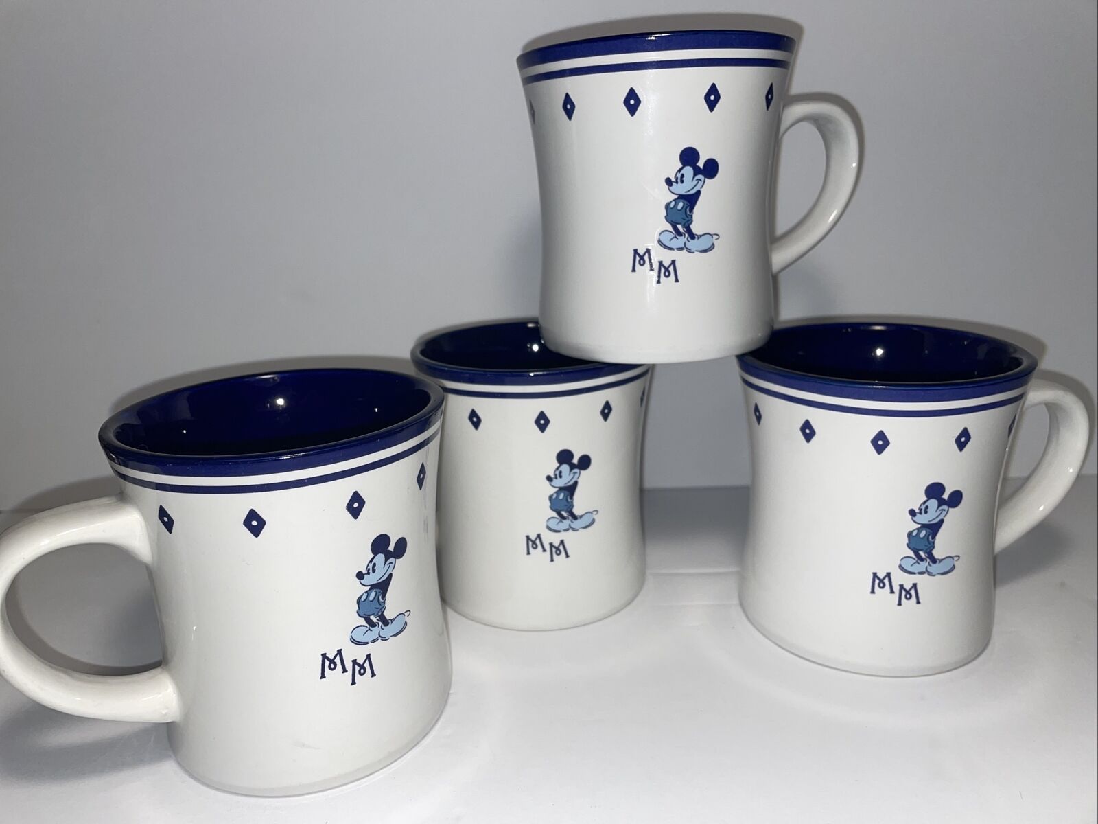 Set of 4 Disney Mickey Mouse Mugs Blue and White MM Monogram Discontinued Design