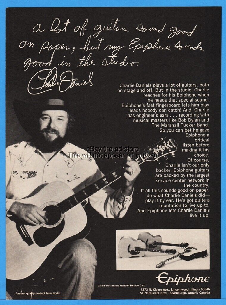 1978 Epiphone Acoustic Guitar Charlie Daniels Photo Norlin Products Print Ad