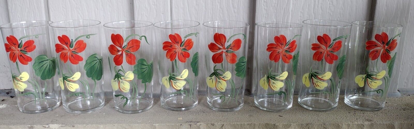 Gay Fad Federal Tall Iced Tea Floral hand painted Glasses Set Of 4 1950s 