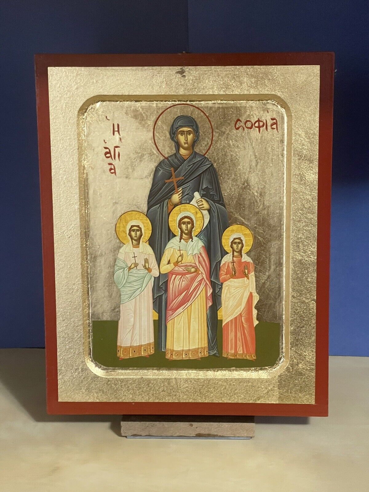 Saint Sophia and her Daughters-Greek Rusia, Orthodox Wooden Cared Icon 8x10