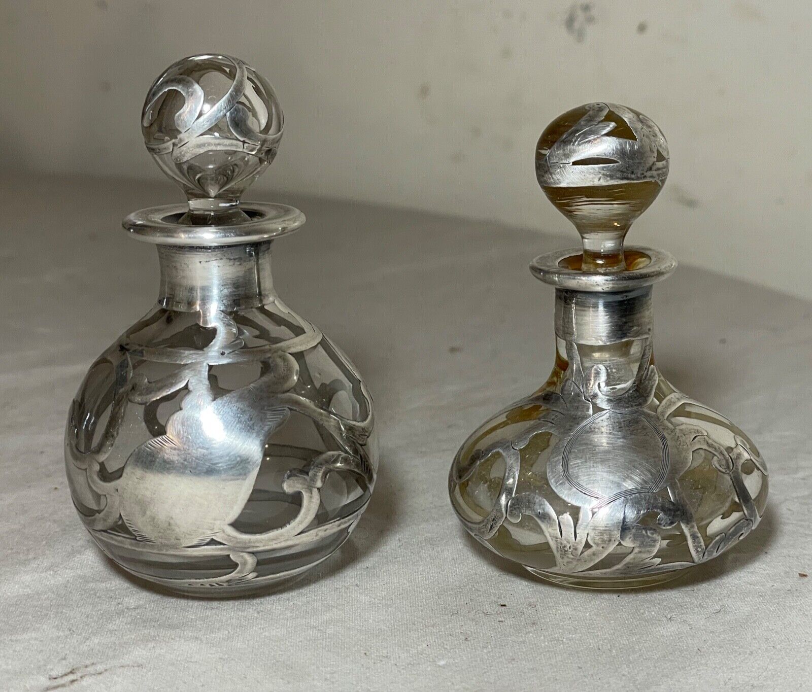 Pair of antique fine sterling silver overlay perfume scent cologne bottle jar