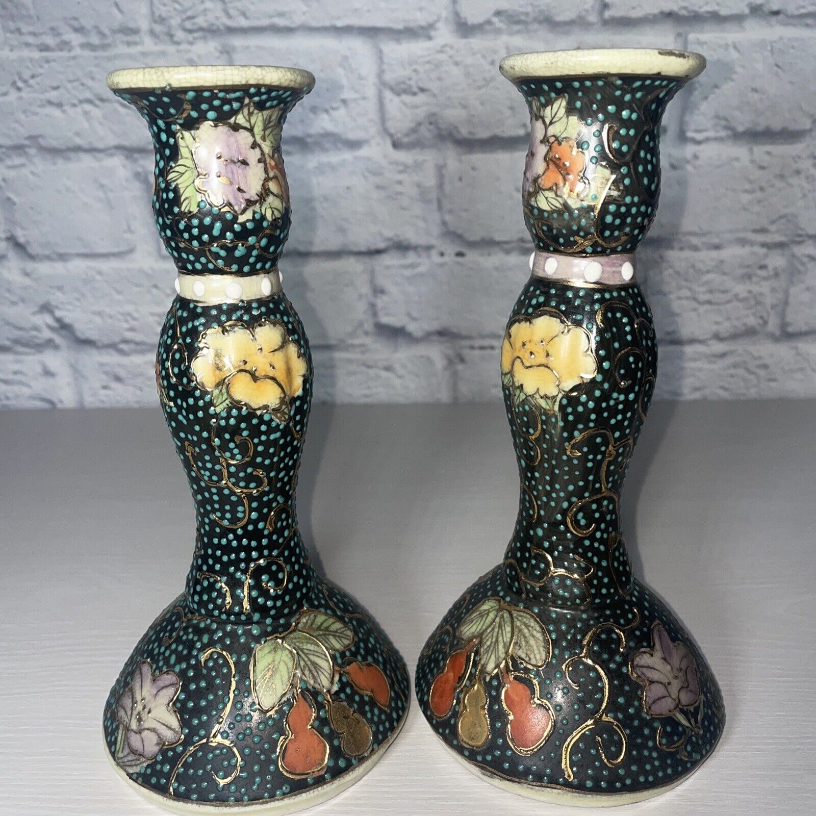2 Vintage Hand Painted Ceramic Candlestick Set Polka Dot Asian Floral Multicolor