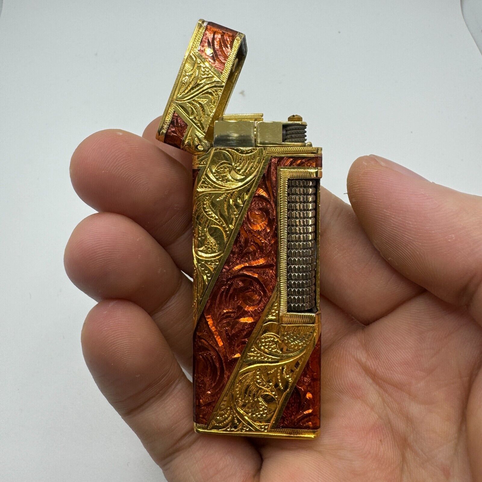 Working Dunhill Royking Gas lighter Red Gold stripe