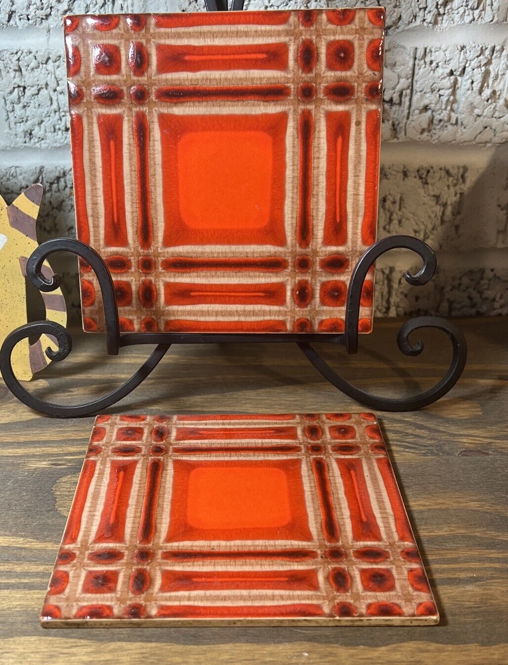 Vintage Tile Trivet Made In Germany Danischburg Set Of 2 Reddish Orange Plaid 6”