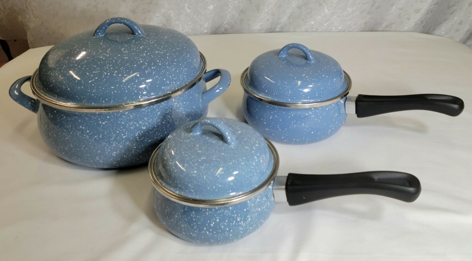 Vintage Enamel Vitrex Gourmet Cookware Pots & Lids Blue Speckled Made In Spain