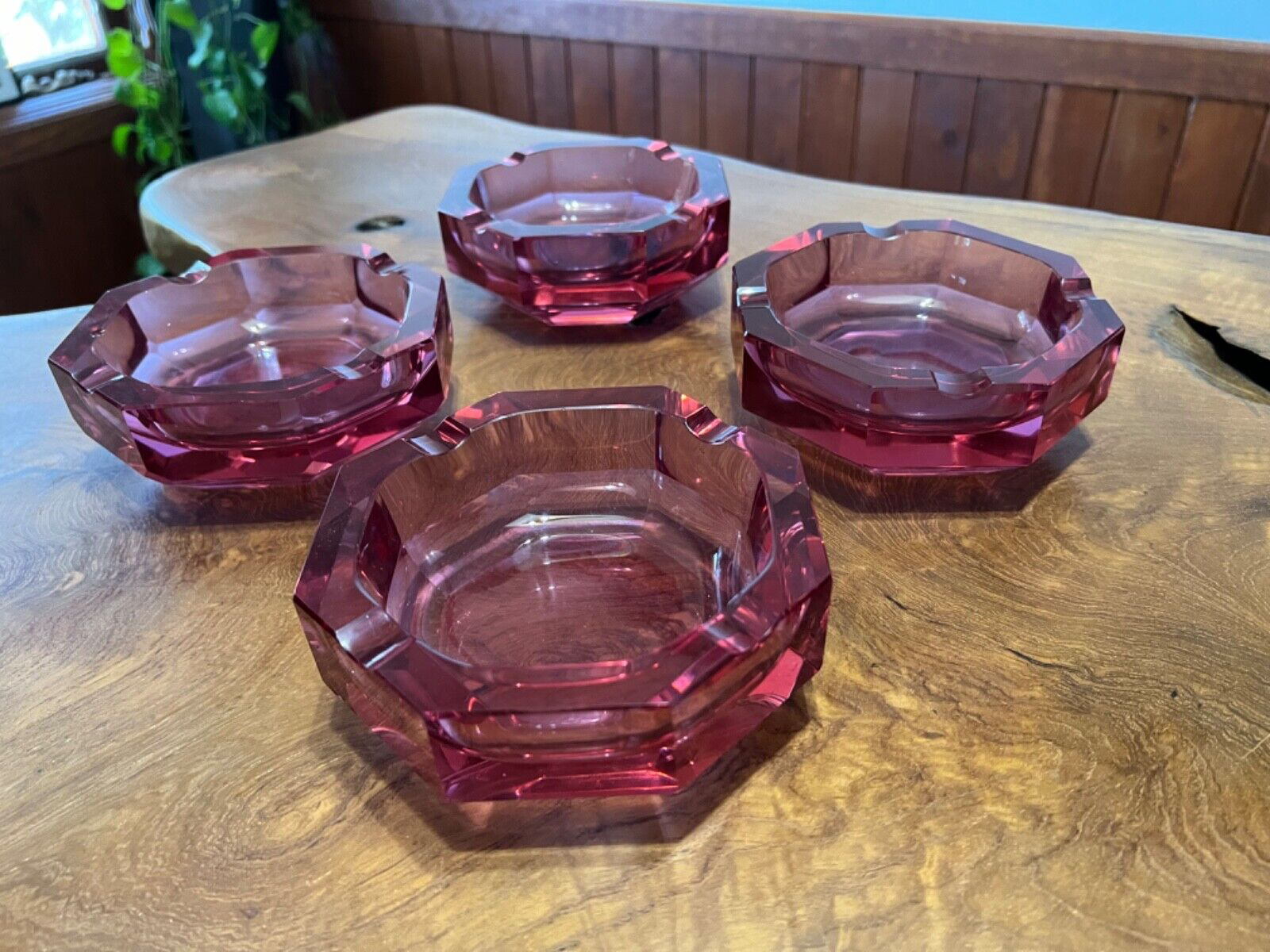 Vintage Cranberry Glass Ashtray with Holders Set of Four