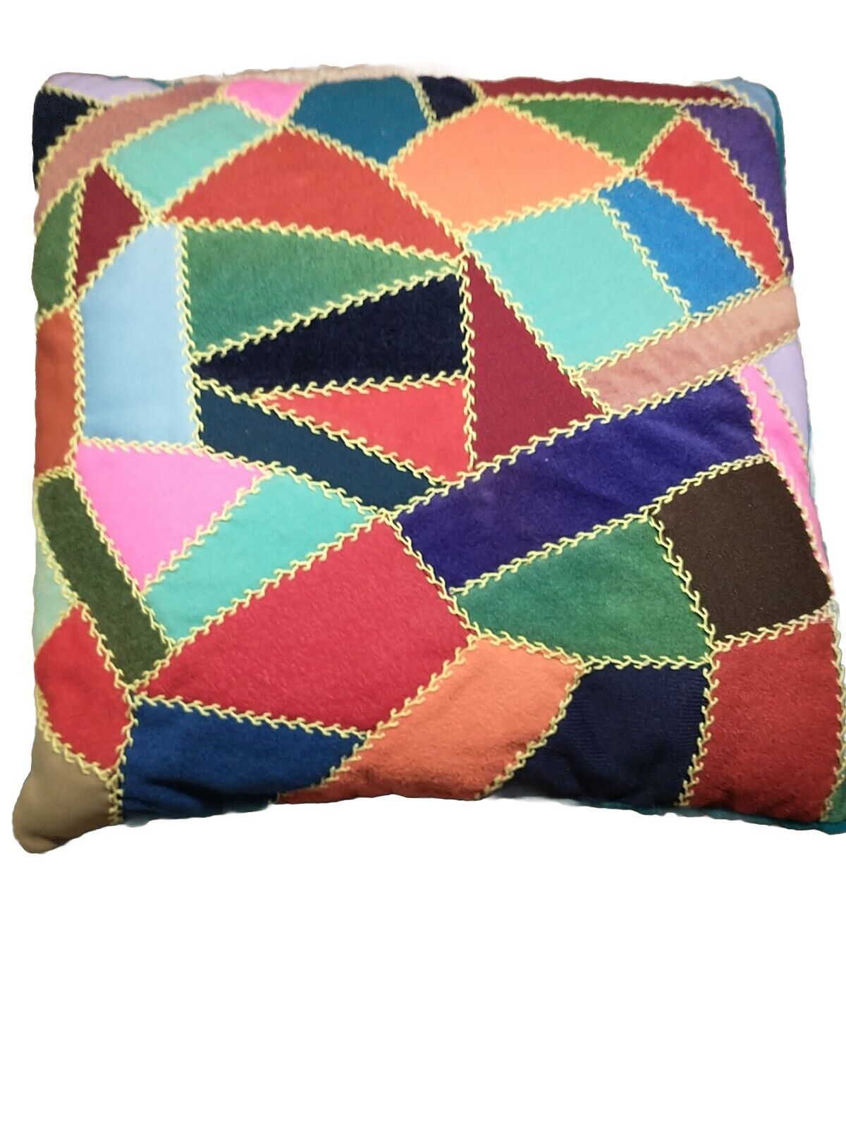 Retro Patchwork Quilted Pillow 1970\'s Vintage Torquoise Pleated Fleece Back