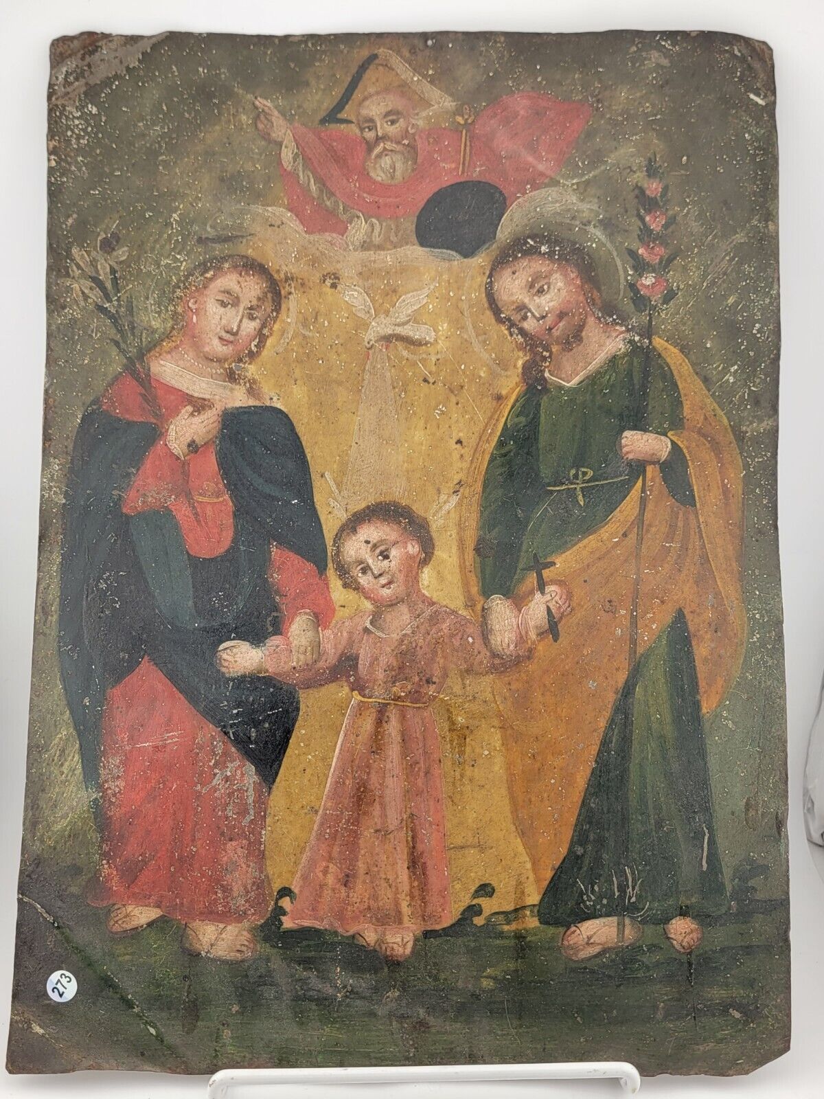 Early 19th Century Spanish Colonial/Mexican Icon Holy Family Oil on Tin Retablo
