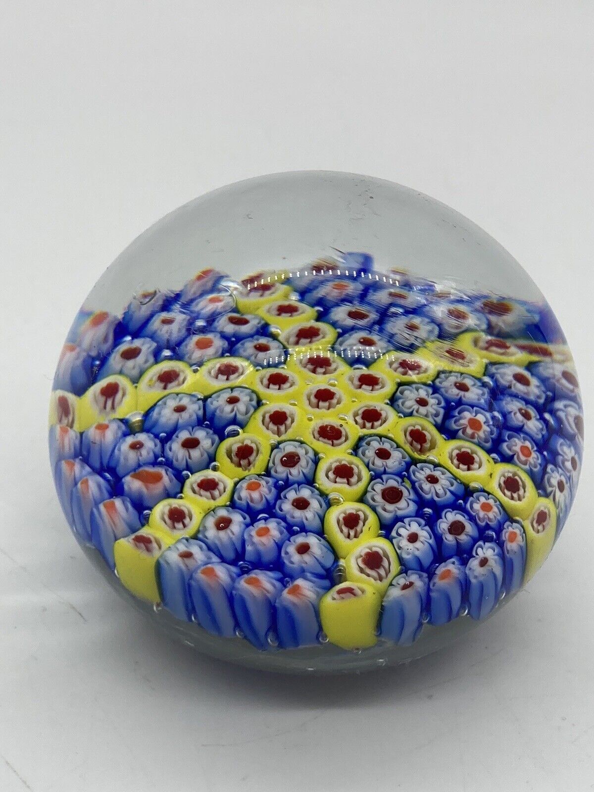Clear Glass Millefiori Paperweight - Blue + Yellow Star Design - Unmarked