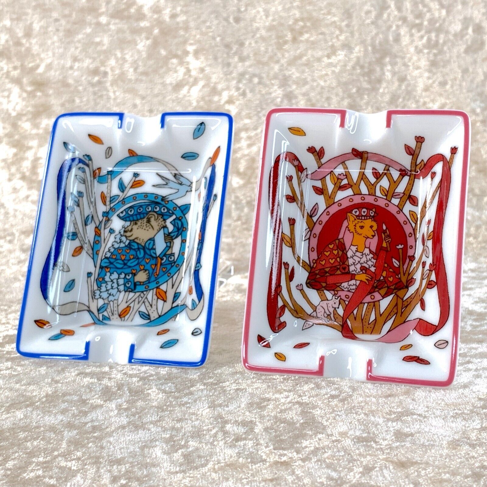 2 x Authentic HERMES Mini Ashtray Rare FOX Porcelain Change Tray Blue & Red