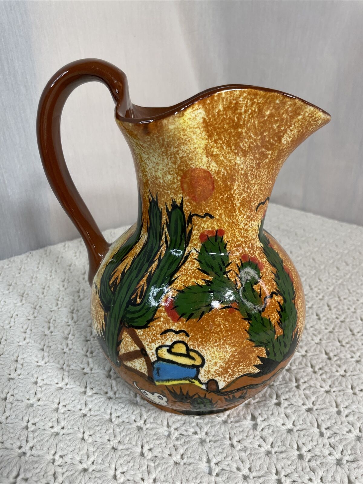 Vintage Mexican Ceramic Pitcher Vase Hand Painted Worker Cactus 10” X 8” EUC