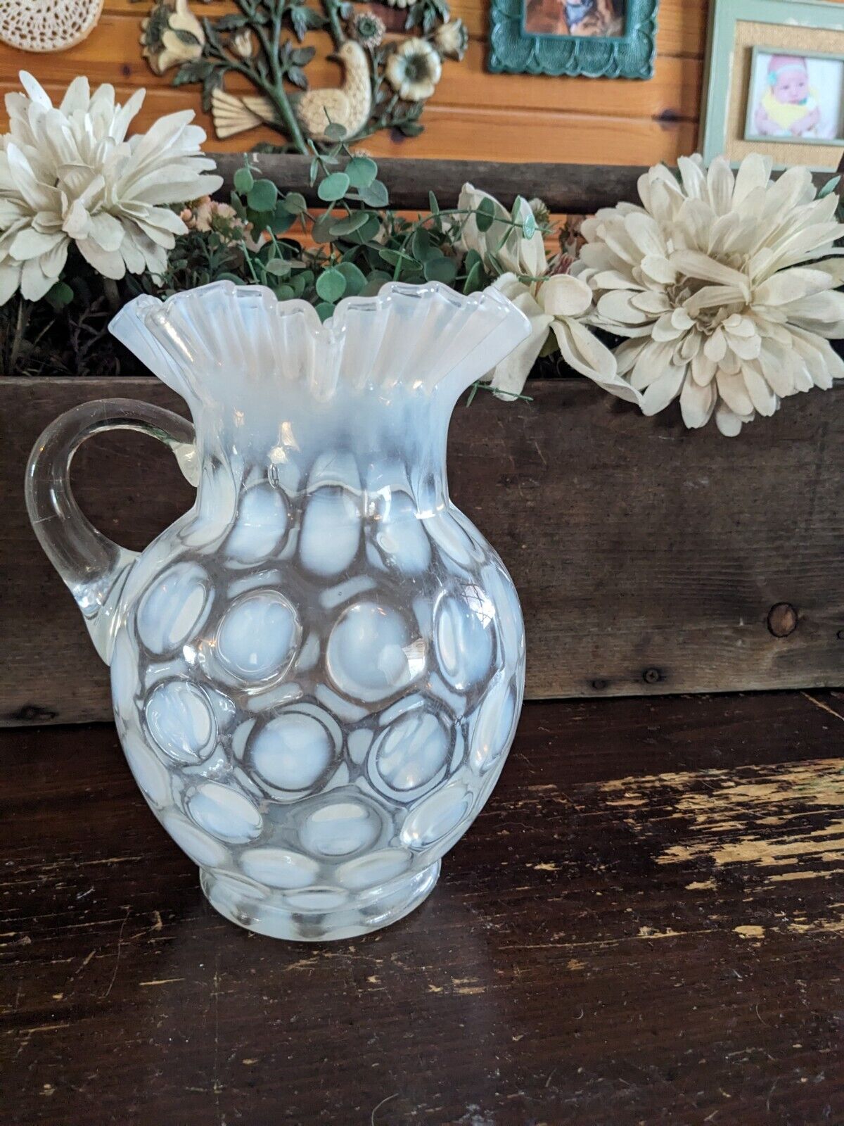Vintage Art Deco Large Thumbprint Dot Ruffled Pitcher Vase