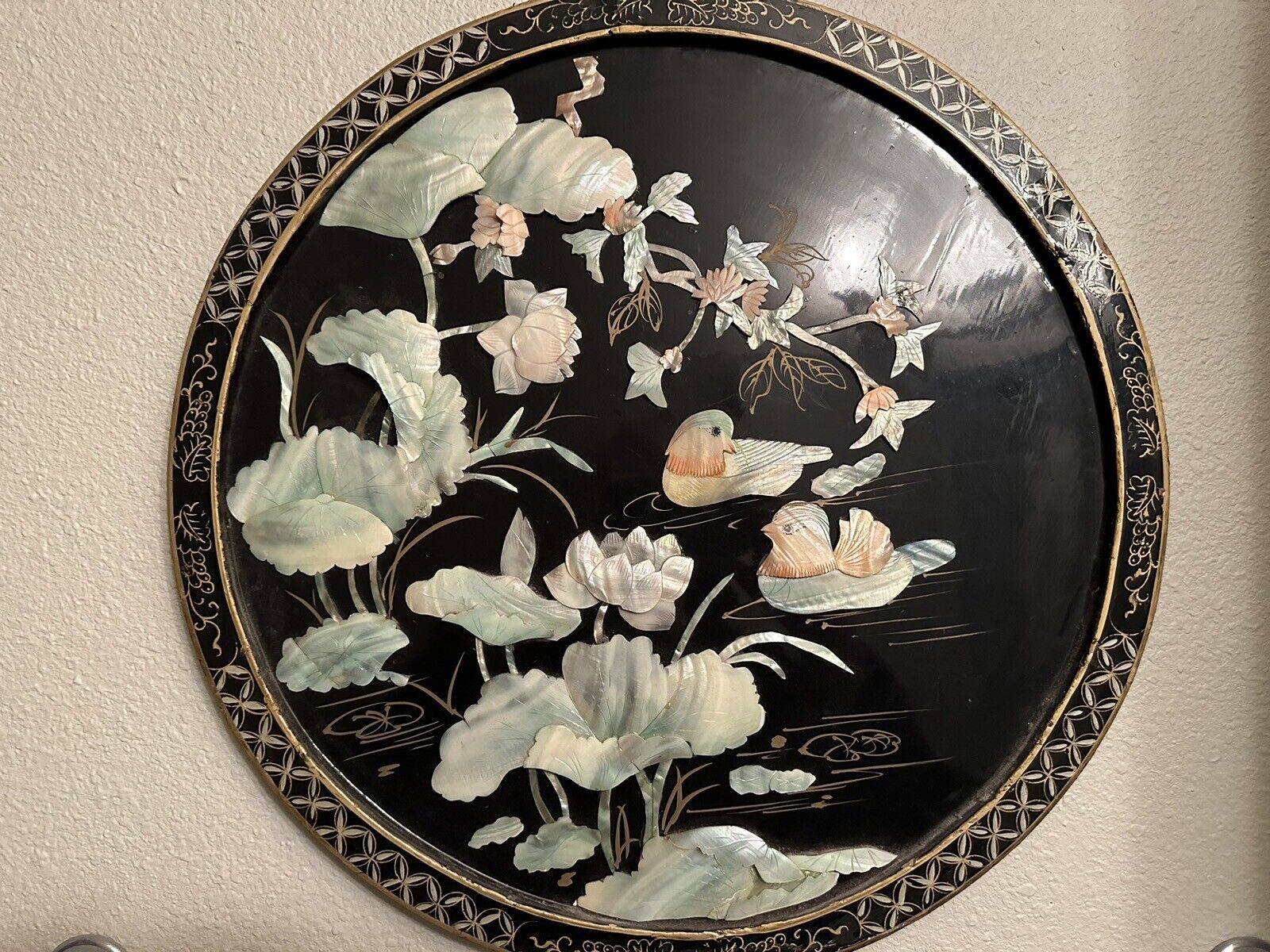 Vintage Oriental (Circular Painted w/Mother of Pearl Lilies & Ducks ) Hanging