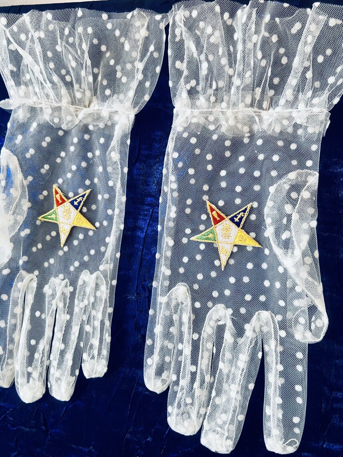 Eastern Star OES White Mesh gloves with White Polka Dots  