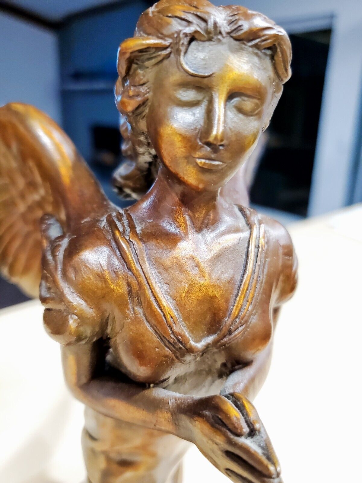 ANGELIC HEAVY BRONZE PATINATED METAL sculpture signed MIKE ADAMS ANGEL VICTORY