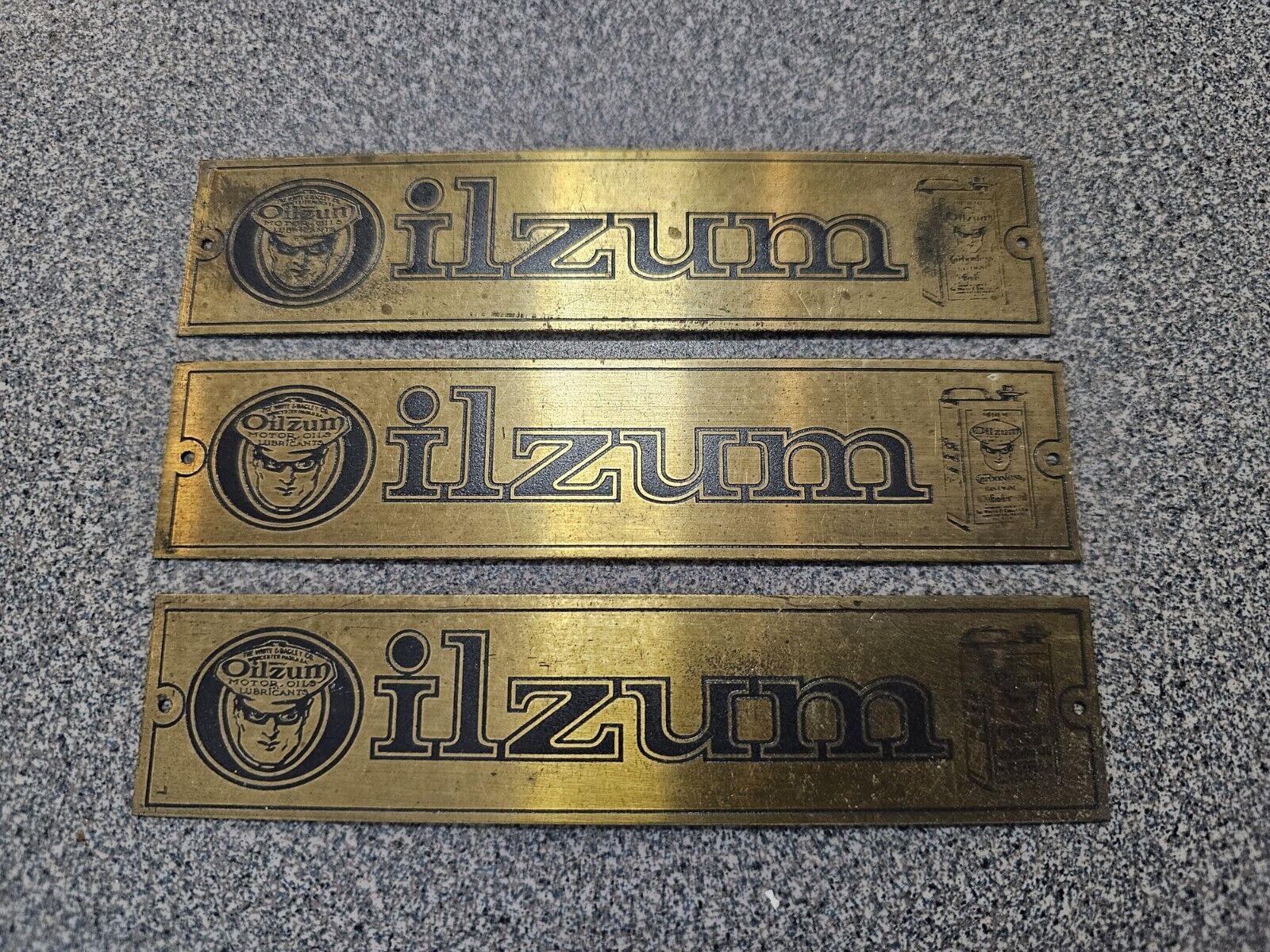 1930's Oilzum Motor Oil Brass Sign 100% ORIGINAL WHOLESALE LOT of 3