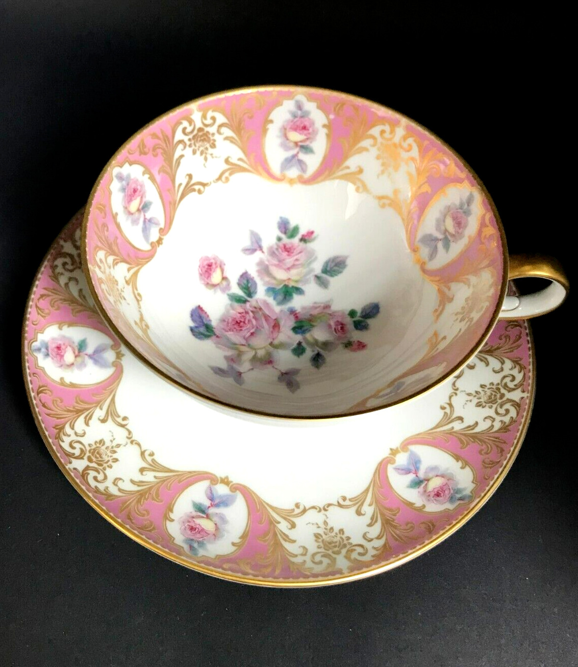 initialed bone china AK Kaiser west Germany teacup & saucer w/ pink & gold trim