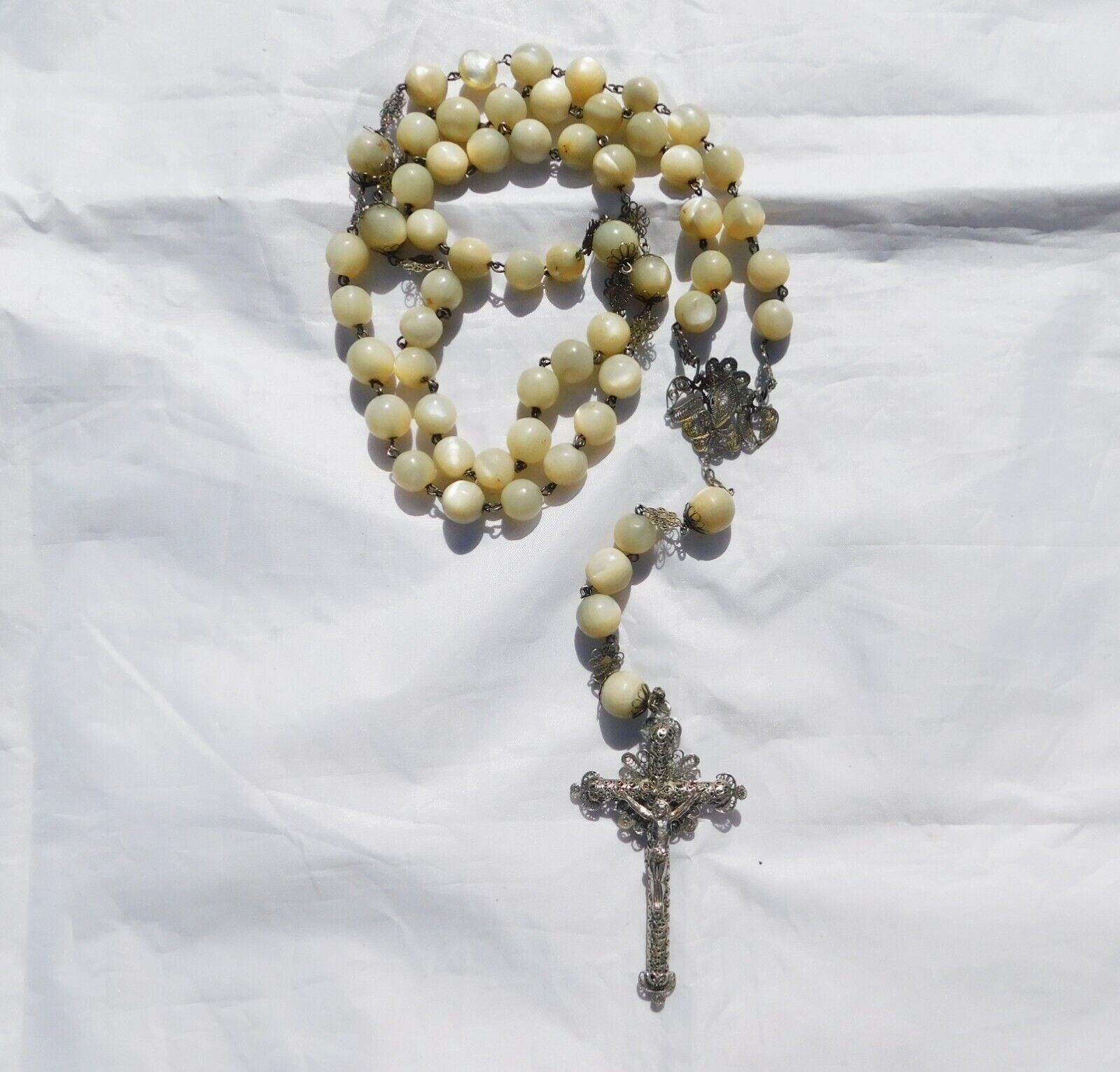 Antique mother of pearl beads and silver filigree rosary