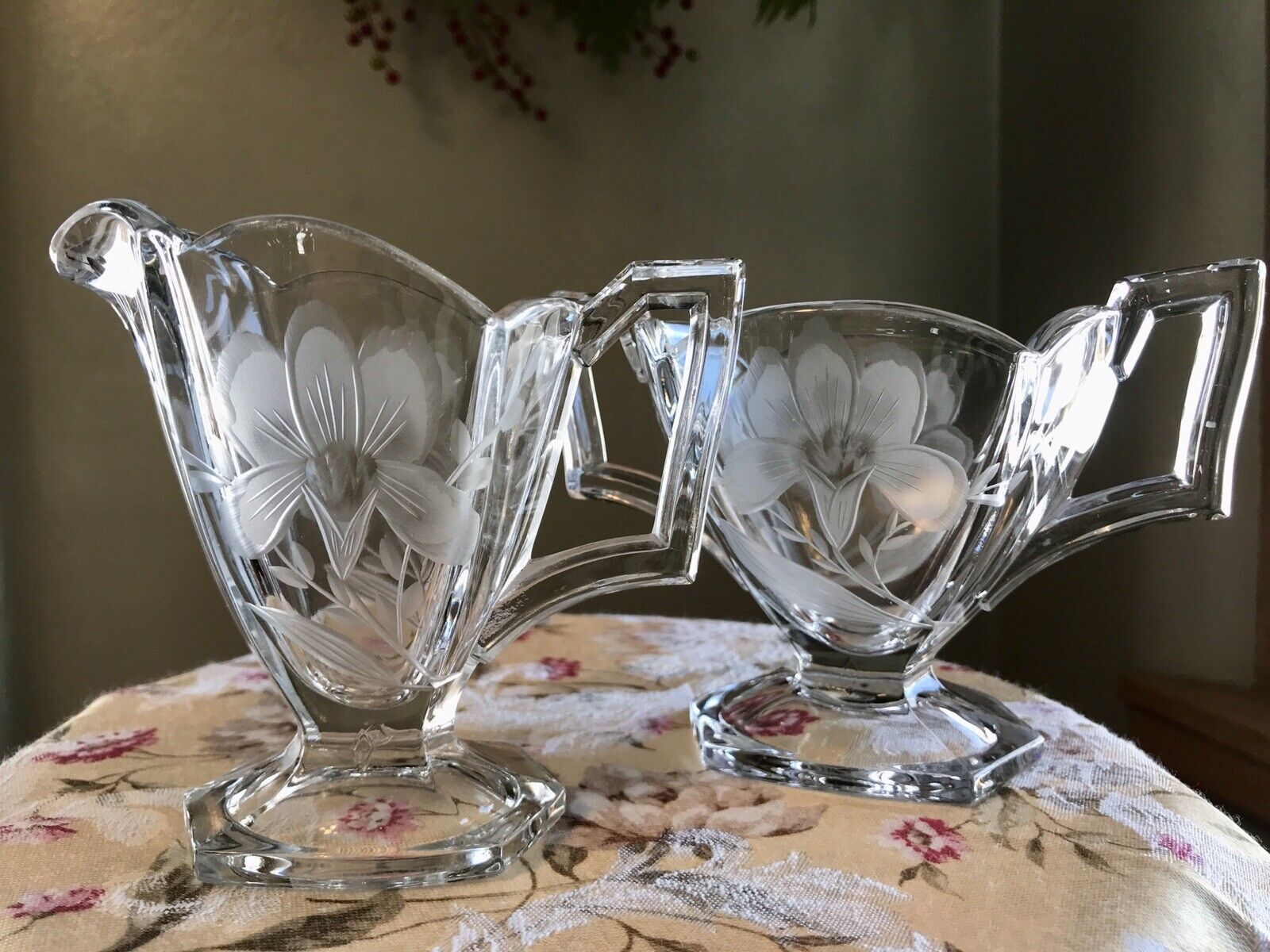 Art Deco Heisey Sugar and Creamer Etched Orchid Pattern Scalloped Edge Vintage