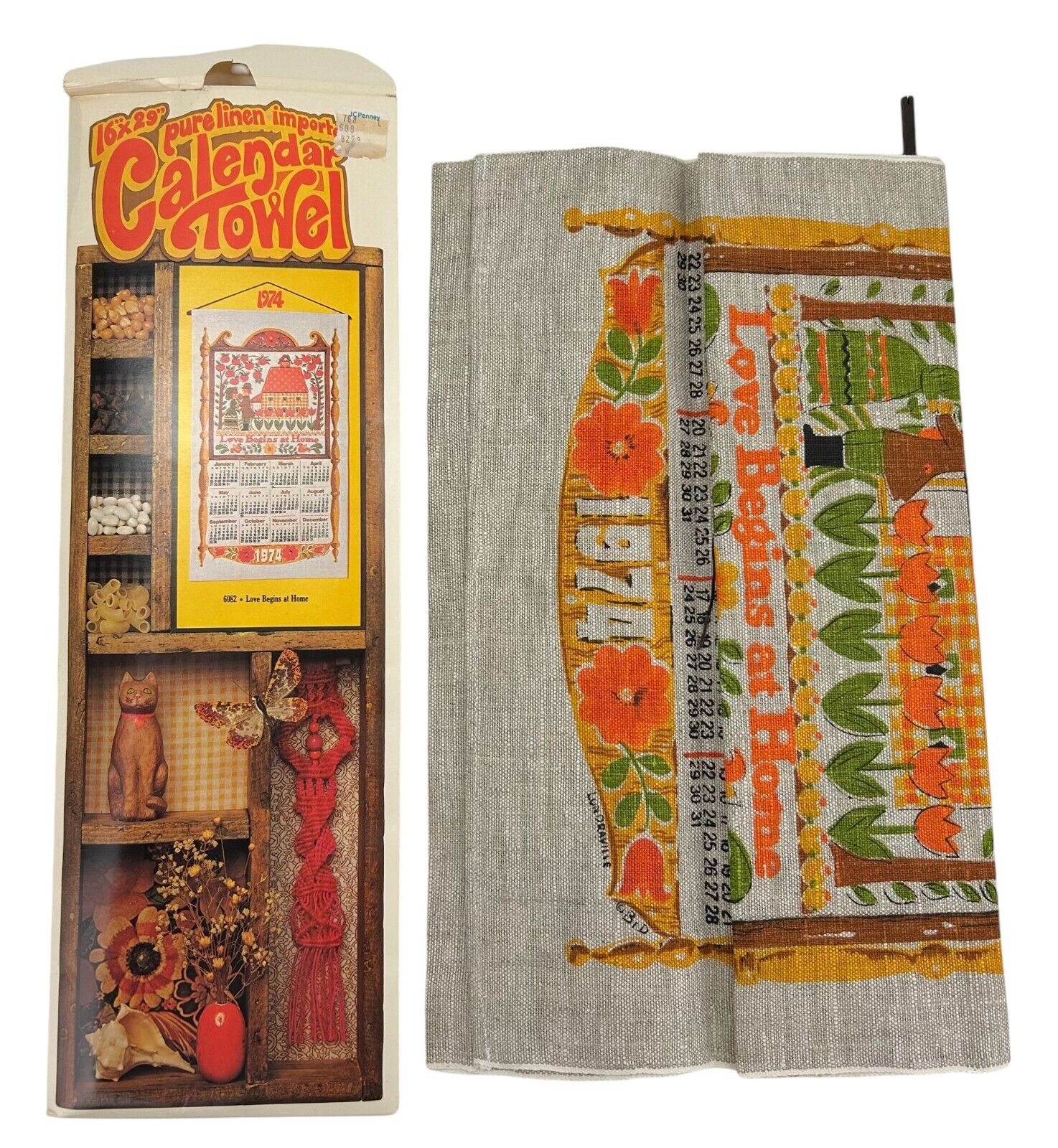 Bright and Colorful Vintage Linen Tea Towel Calendar, 1974 Love Begins at Home
