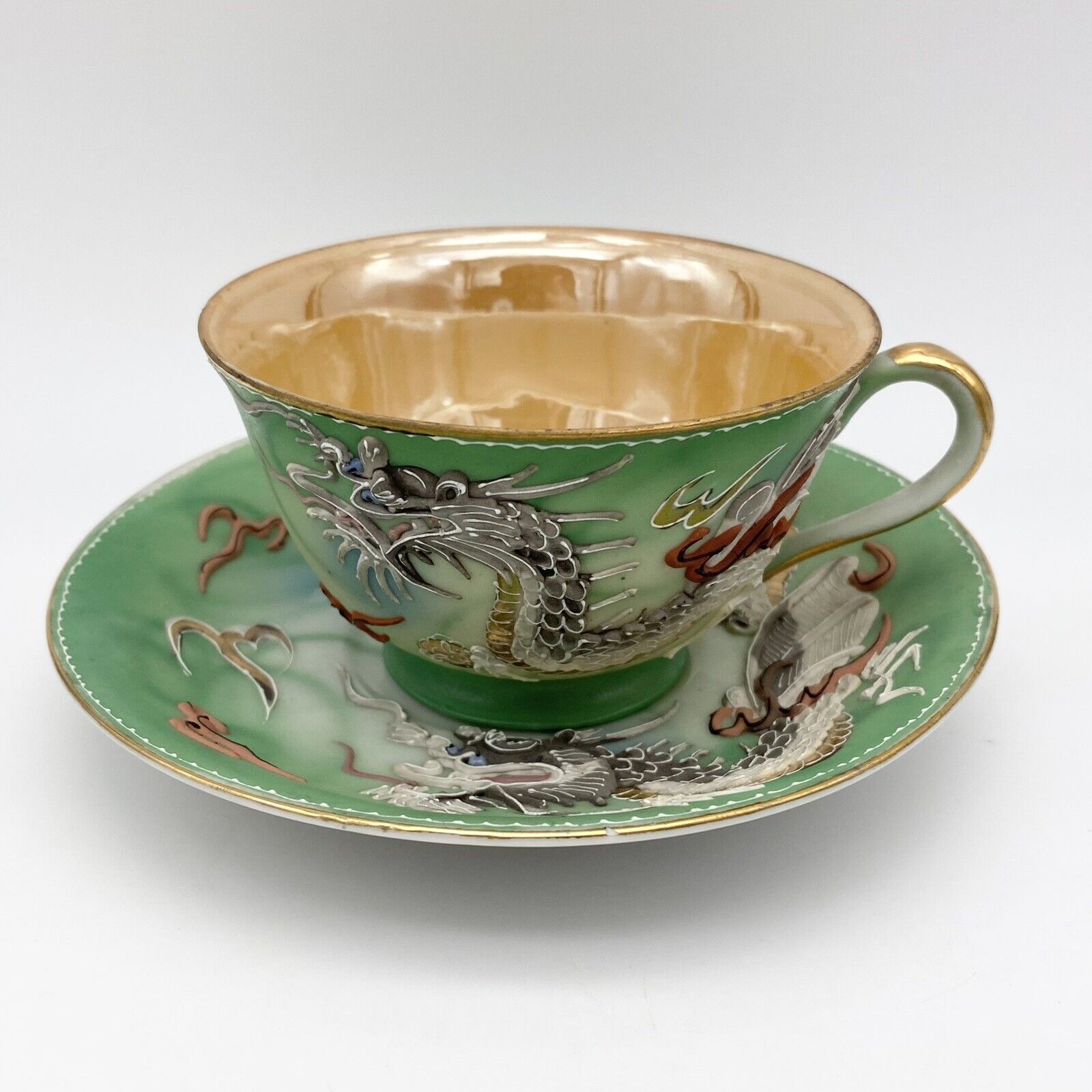 Vintage Dragonware Moriage Teacup And Saucer Green With Luster Occupied Japan