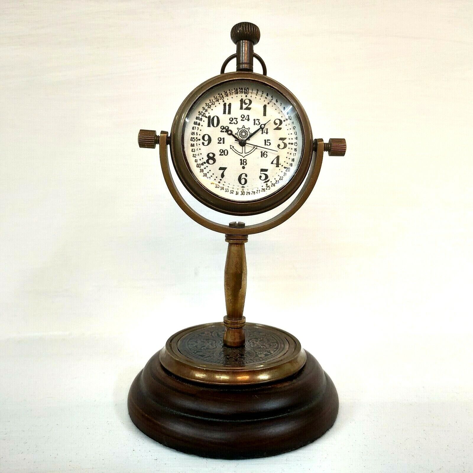Antique Brown Finish Brass Made Desk Clock Wood Base Table Decorative