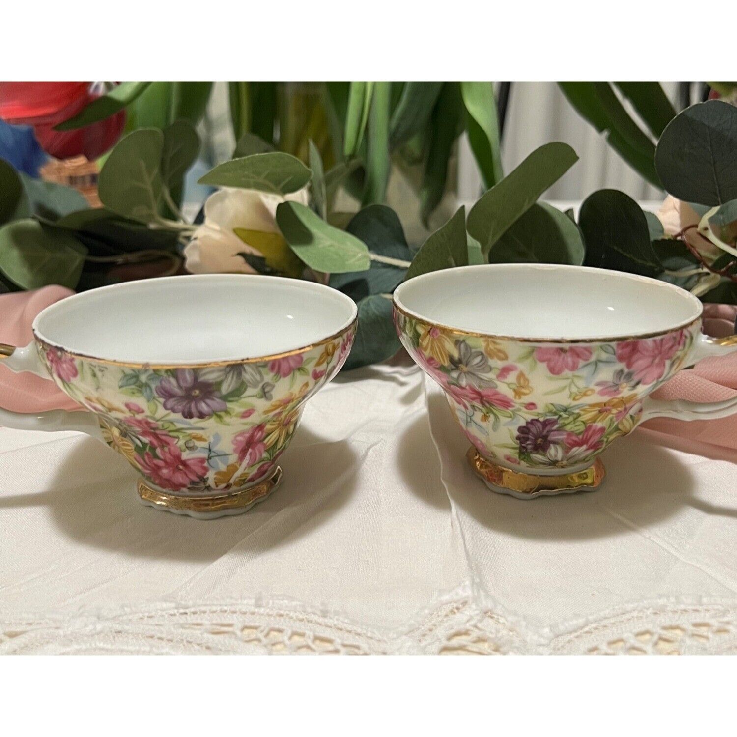 Two Vintage Victorian  Colorful MatchingFloral Tea cups
