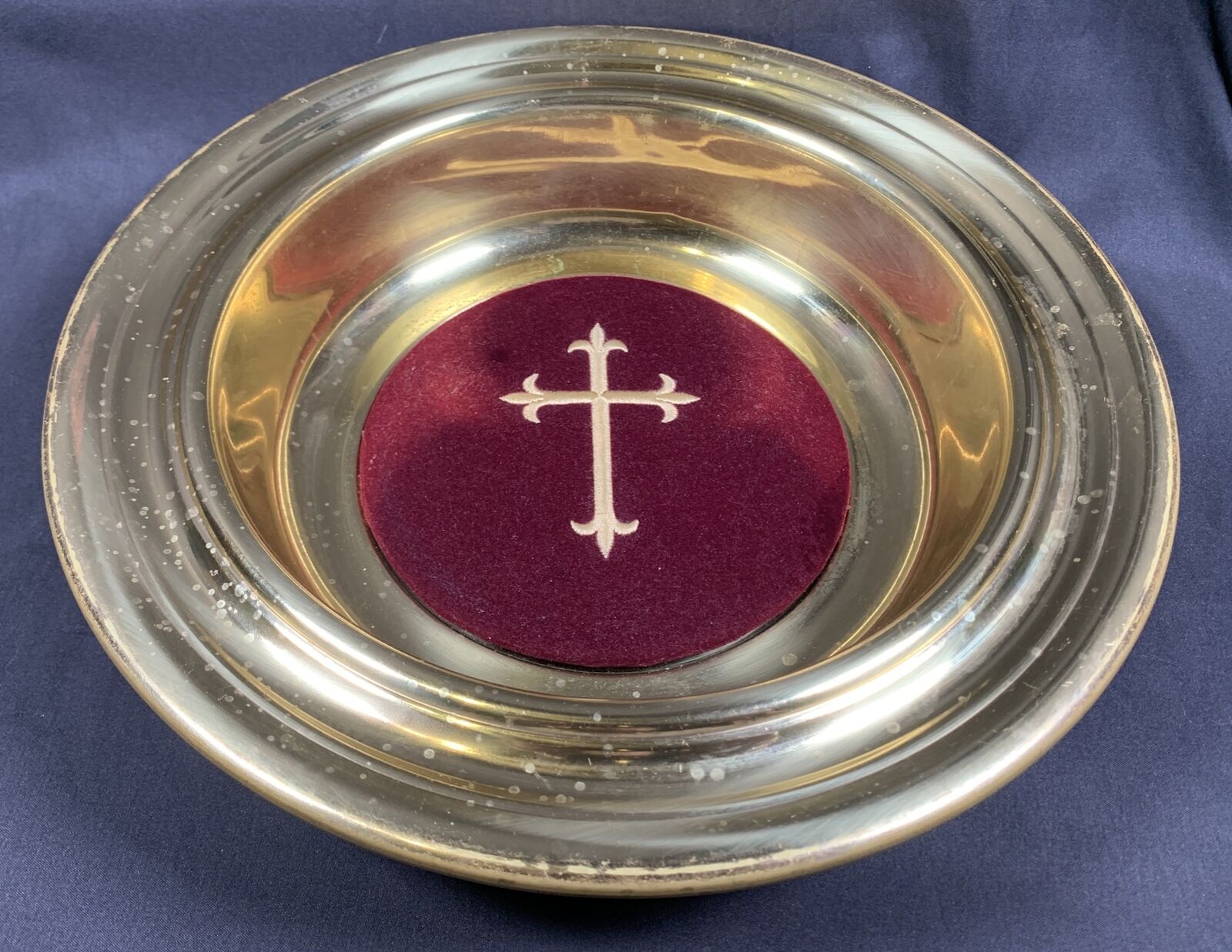 ✨Vintage Brass Offering Collection 12.5” Plate Church Velvet Cross Brass✨