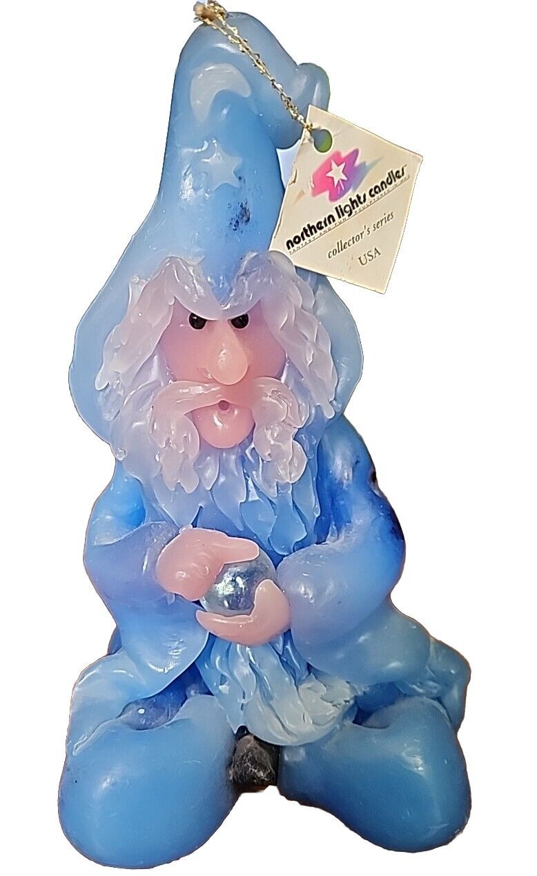 Vintage Northern Lights Candle Wizard Blue W/ Cystal Ball Artist Signed With Tag