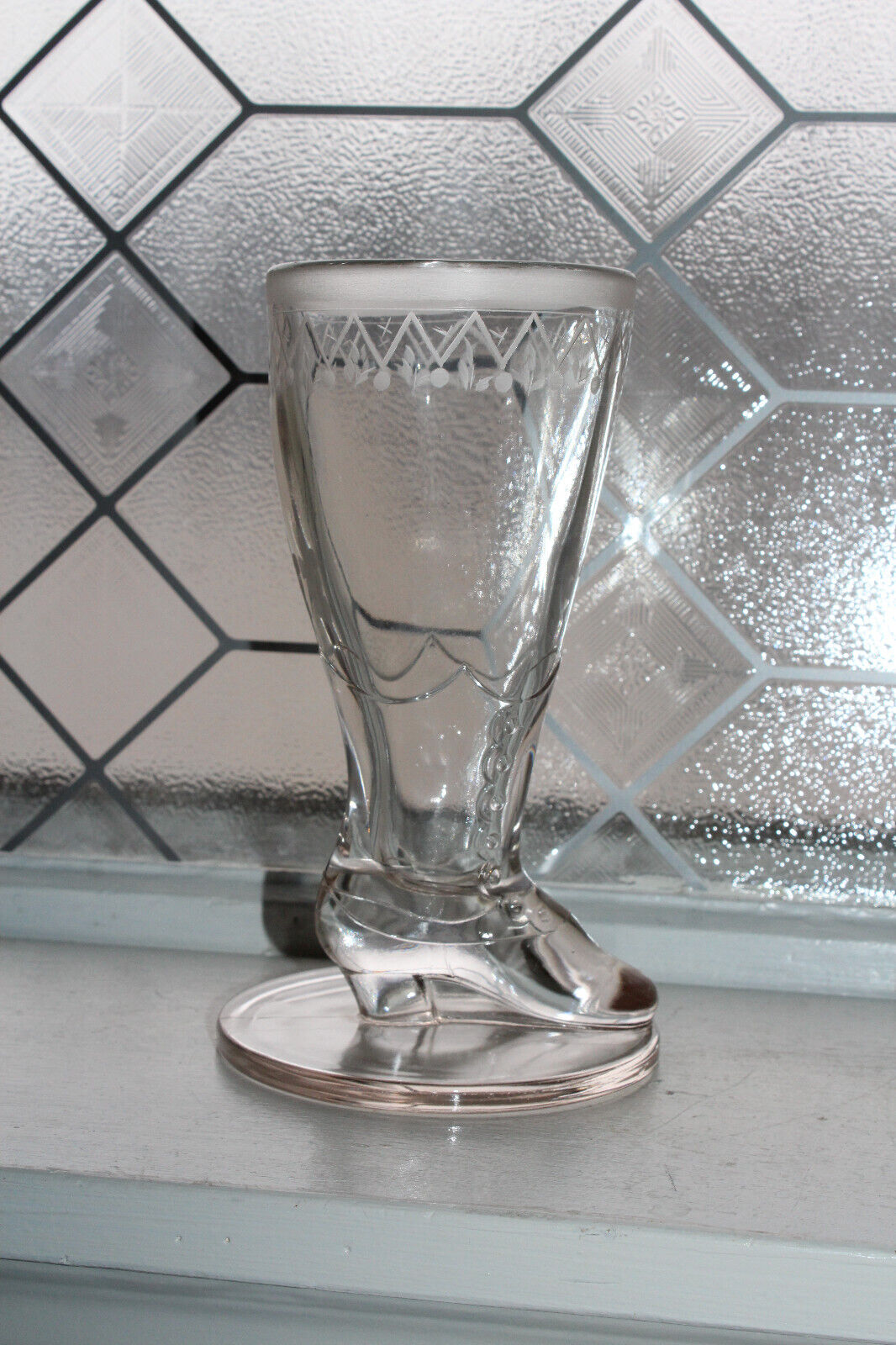 Antique Victorian Etched Glass Boot Vase Medium Size 7 1/8