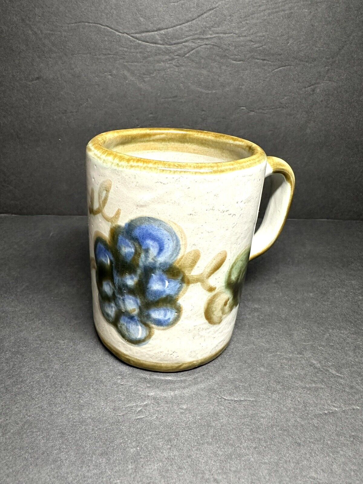 Vintage John B Taylor Ceramics Mug Blue Grapes Tan Rim Louisville, KY 8 oz