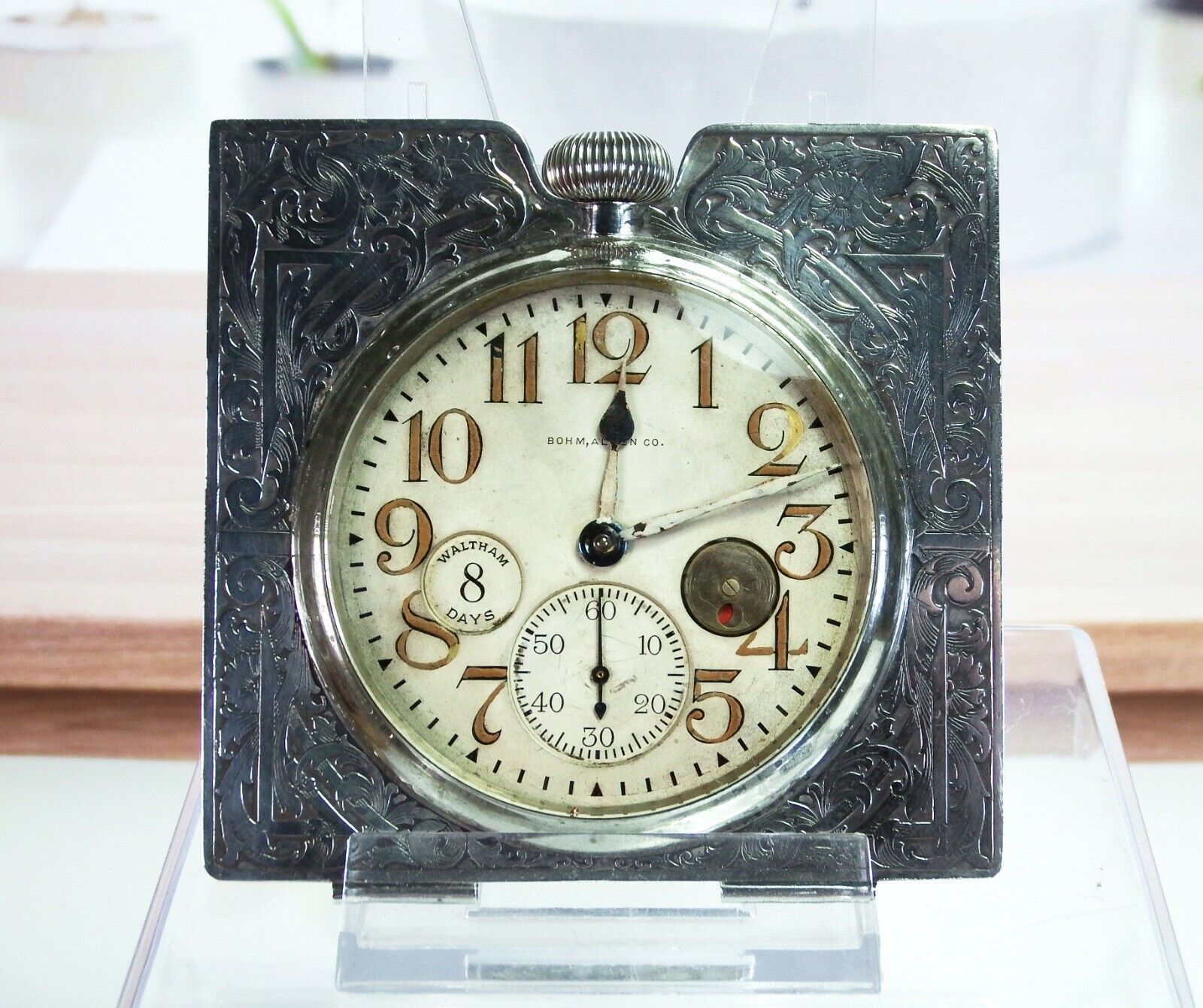 Bohm, Allen Co Waltham Antique Sterling Silver 8 Day Travel Clock