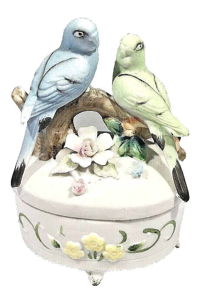 Lefton Parrot Parakeet Lovebirds Trinket Box Bisque #3433 Vintage
