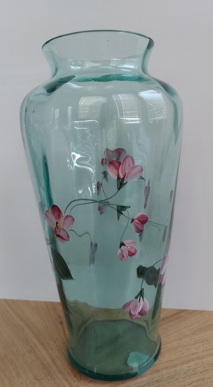 Fenton Hand Painted Ribbed 10 1/2” Aqua Blue Green Signed Vase D. Robinson Label