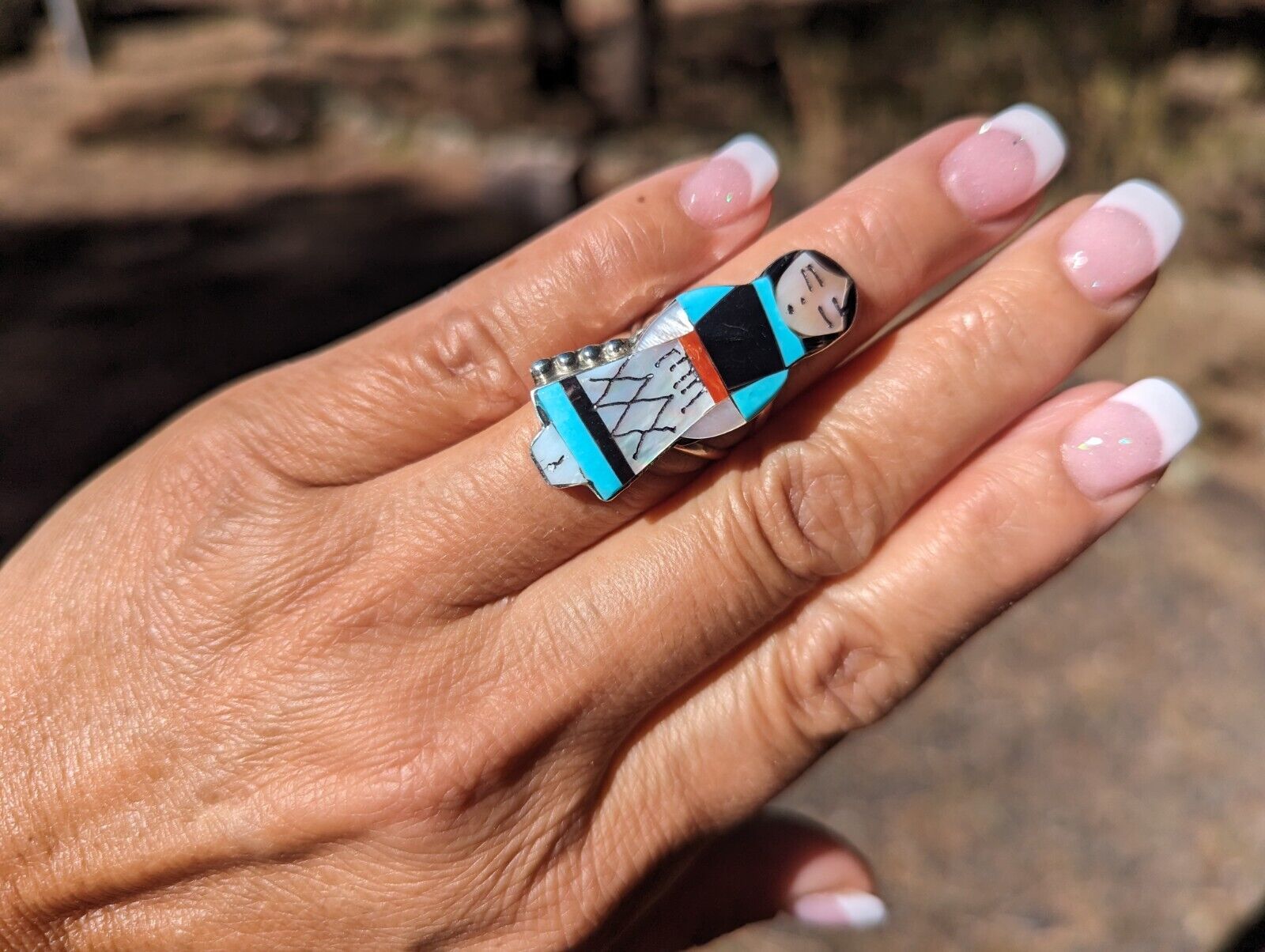 Zuni Ring Kachina Maiden Sterling Silver Inlay Native American Jewelry Sz 6US