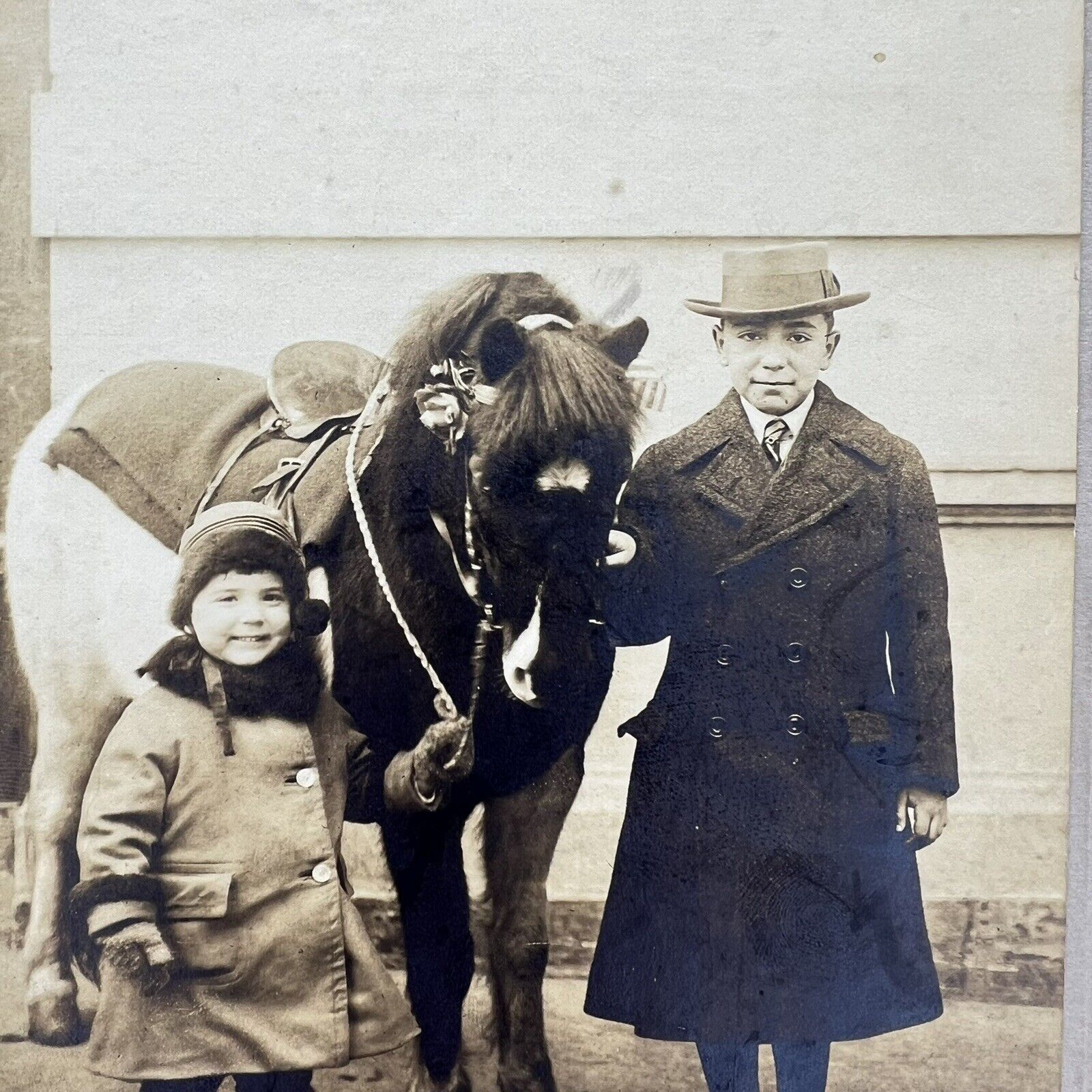 Antique Photograph Portrait Boys & Pony NYC 1924 Street Winter Coats 6x9 Mounted