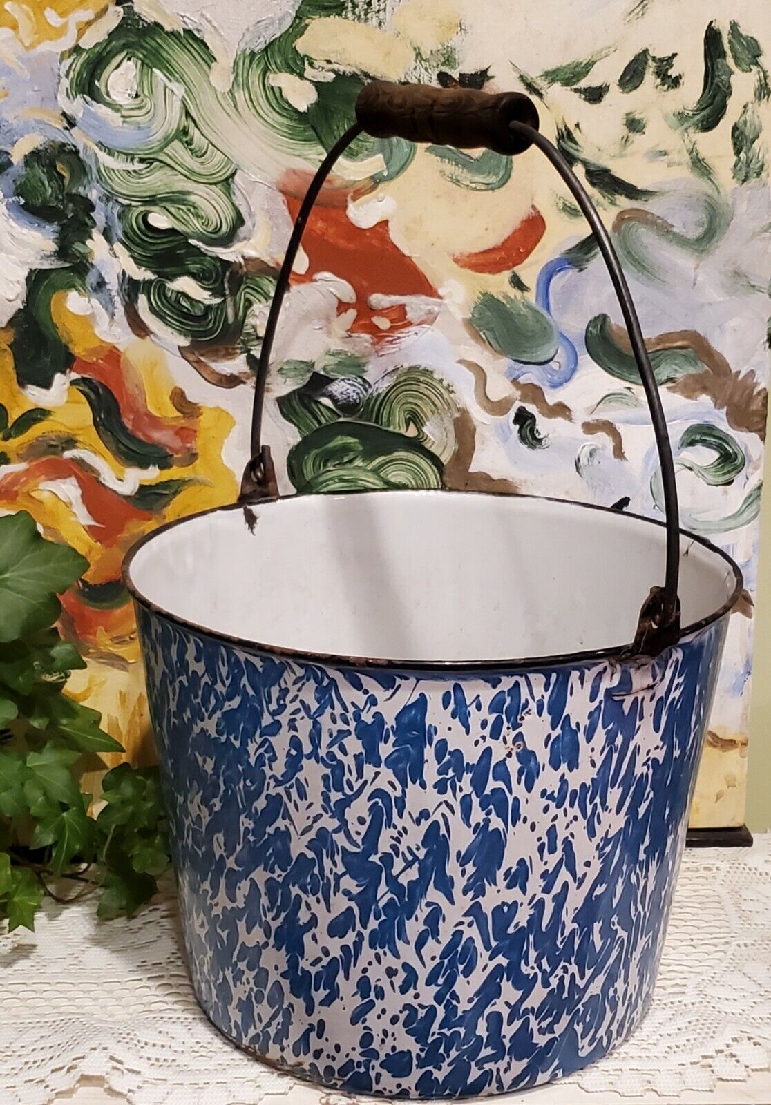 Blue Agate Bucket Graniteware with Bale Handle Circa 1930s SPECTACULAR SWIRL