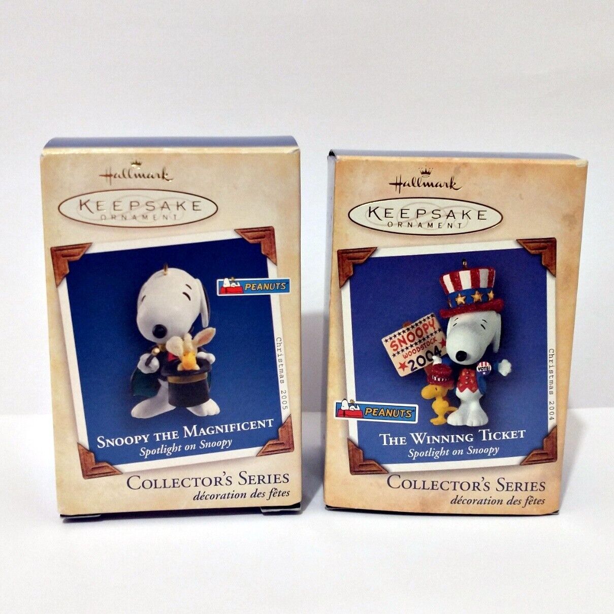 2 SNOOPY HALLMARK ORNAMENTS - Snoopy the Magnificent & The Winning Ticket