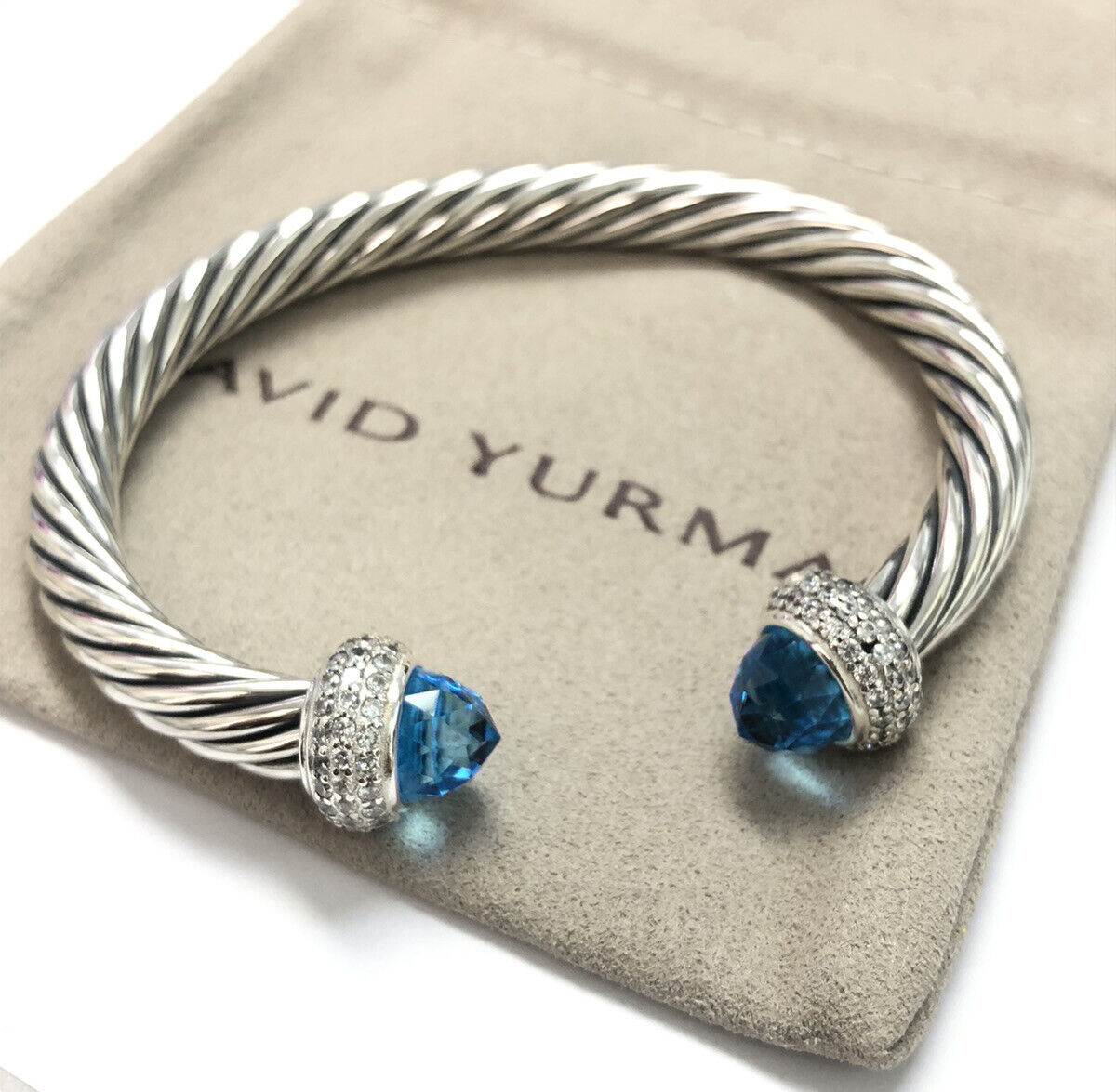 David Yurman 7mm Cable Candy Cuff Bracelet 925 Silver Blue Topaz & Diamond Sz M